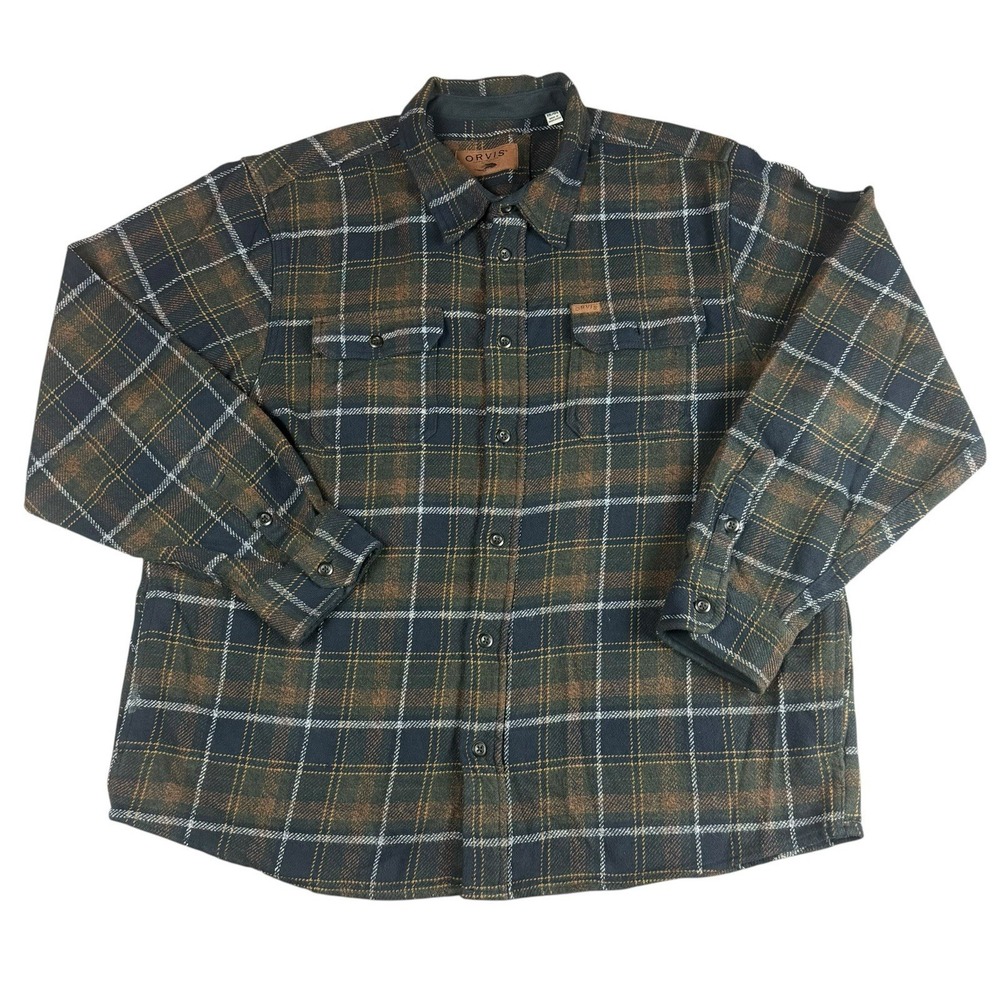 ORVIS Flannel Shirt XL Plaid Fleece Lined Cotton Button Down Shacket Pockets